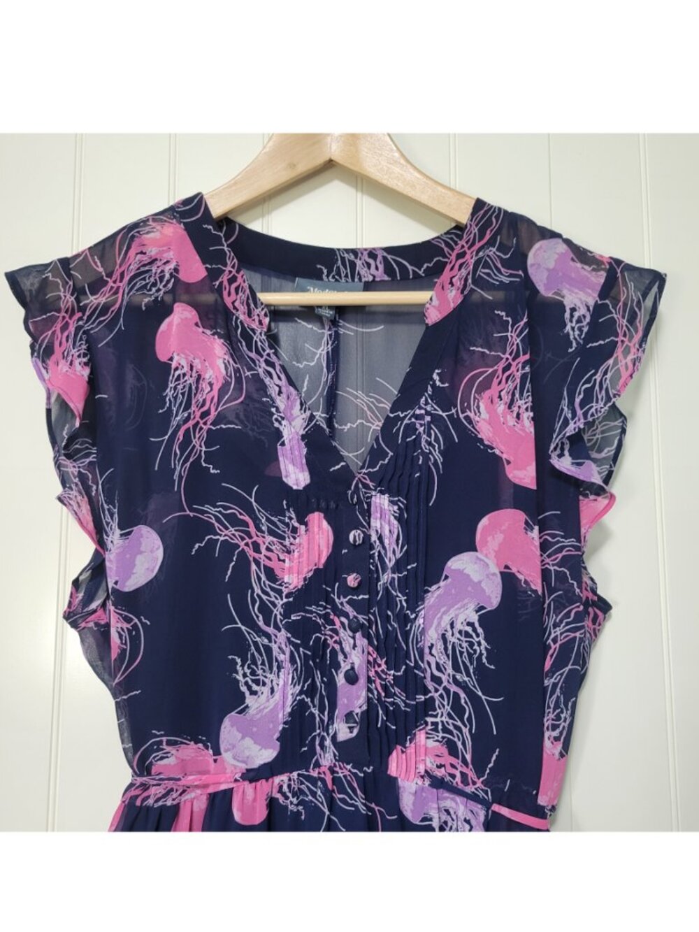 ModCloth 50s 60s Retro Whimsical Navy Jellyfish Ocean Sea Print Chiffon Dress XL - Picture 2 of 14